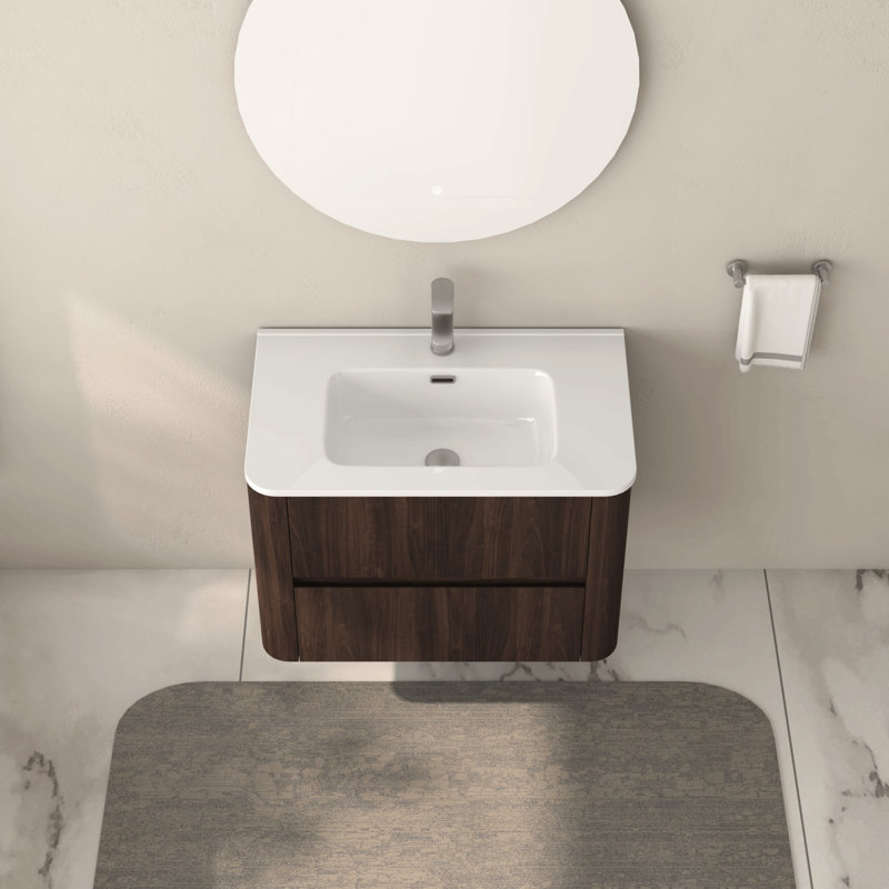 Meuble-lavabo flottant mural de 30 po avec lavabo en céramique blanc, deux tiroirs, finition noyer foncé, contreplaqué, espace, installation rapide et facile pour les salles de bain intégrées