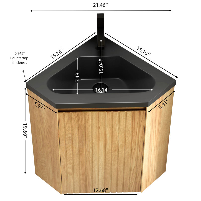 Meuble-lavabo mural flottant triangulaire de 30 po avec lavabo en résine noire et armoire en contreplaqué naturel, idéal pour les coins serrés à une porte