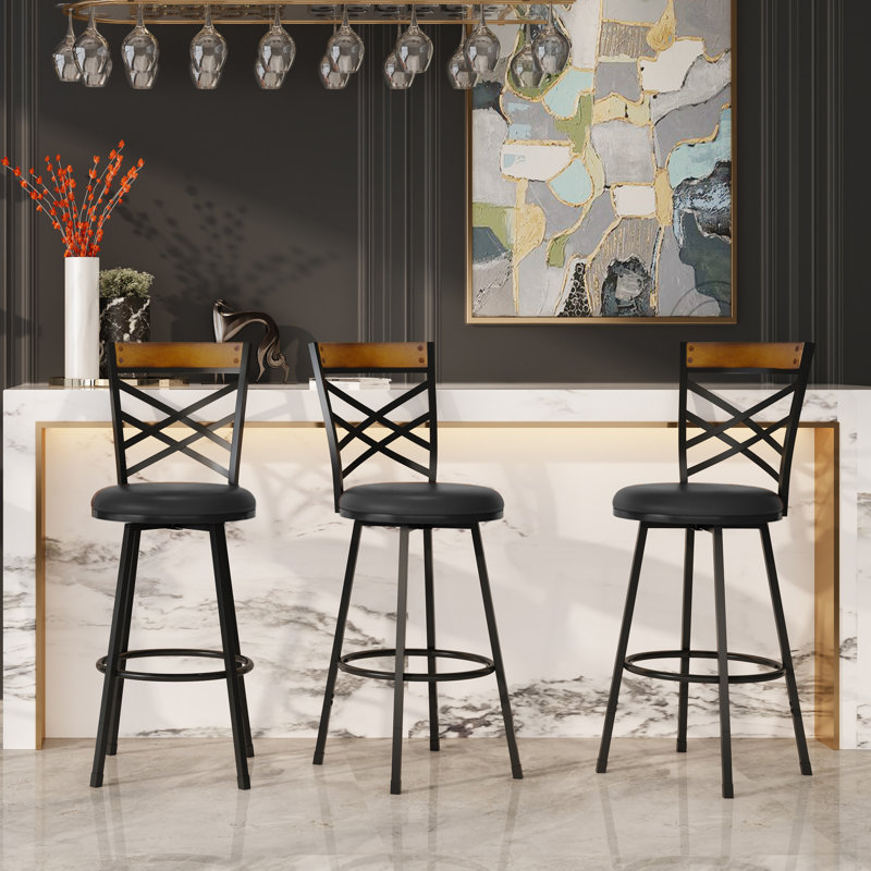 Rustic Wood & Metal Bar Stools – Adjustable Height & 360° Swivel, Ergonomic Backrest For Kitchen/dining Room(set Of 2), Black