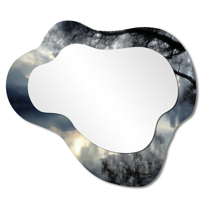 Blue Cottage Irregular Wall Mirror – Serene Lake at Dawn with First Light I, Printed on Metal