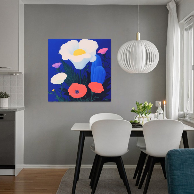 «Vibrant Poppies on Blue», art moderne de paysage de fleur de coquelicot, H 32 po x l 32 po