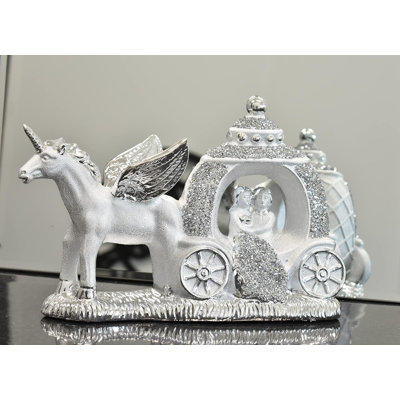Silver Crushed Diamond Sparkly Carriage Couple Unicorn Ornament Home Decor