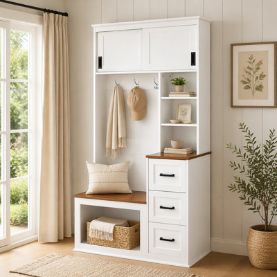 Modern Entryway Bench With Coat Rack, 3 Shelves And Drawers, 3 Sturdy Hooks, 40.2'' Wide Hall Tree With Storage Bench For Hallway, Entryway, Living Room