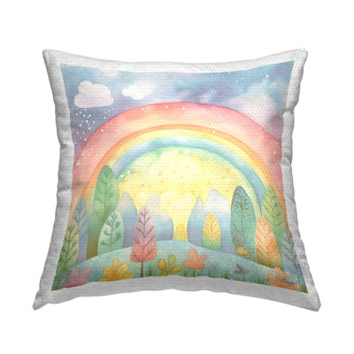 Pastel Rainbow & Rain Clouds Outdoor Printed Pillow by Roozbeh