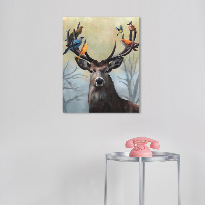 Mignon cerf avec oiseaux par Wynwood Studio, H 20 po x l 16 po x P 0,8 po