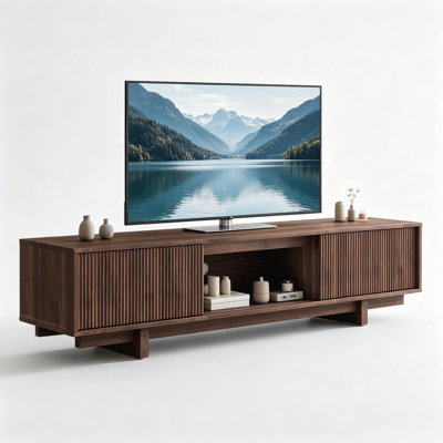 Fluted Design TV Stand for 70" TVs, Mid-Century 63''L Entertainment Center with Sliding Door Storage Cabinet, Media Console Table for Living Room, Bedroom, Apartment, Walnut