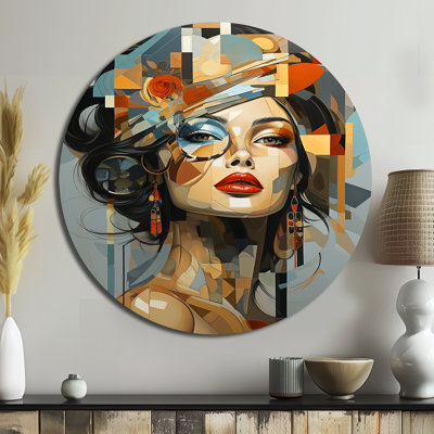 Glam Harmonious Cubist Woman Portrait I - Fashion Round Metal Art