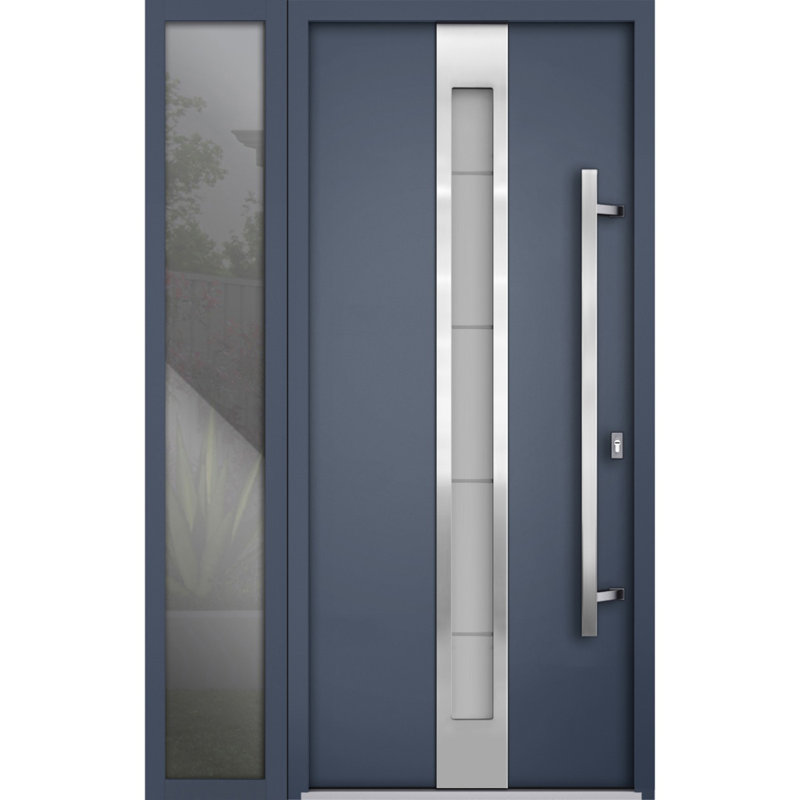 Porte d'entrée extérieure prémontée en acier Deux 1717 Gris Graphite, fenêtre latérale extérieure avec inserts en acier inoxydable, style moderne, peinte - L 36 + 12 x H 80 - Ouverture à gauche vers l'intérieur
