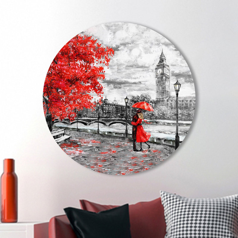 Romantiques arbre rouge et couple sous un parapluie en verre, art mural idéal pour les amoureux qui cherchent à conférer une touche d'élégance à leur espace de vie