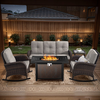 Aluel 5-Pieces Wicker Outdoor Conversation Set With Rocking Chairs and Rectangular Fire Pit with Windshield by Winston Porter