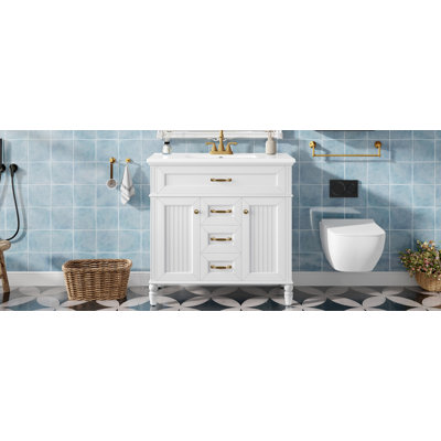 Meuble-lavabo 36 po avec lavabo, meuble autoportant avec lavabo en céramique, cadre en bois aggloméré et en bois massif, tiroir supérieur rabattable