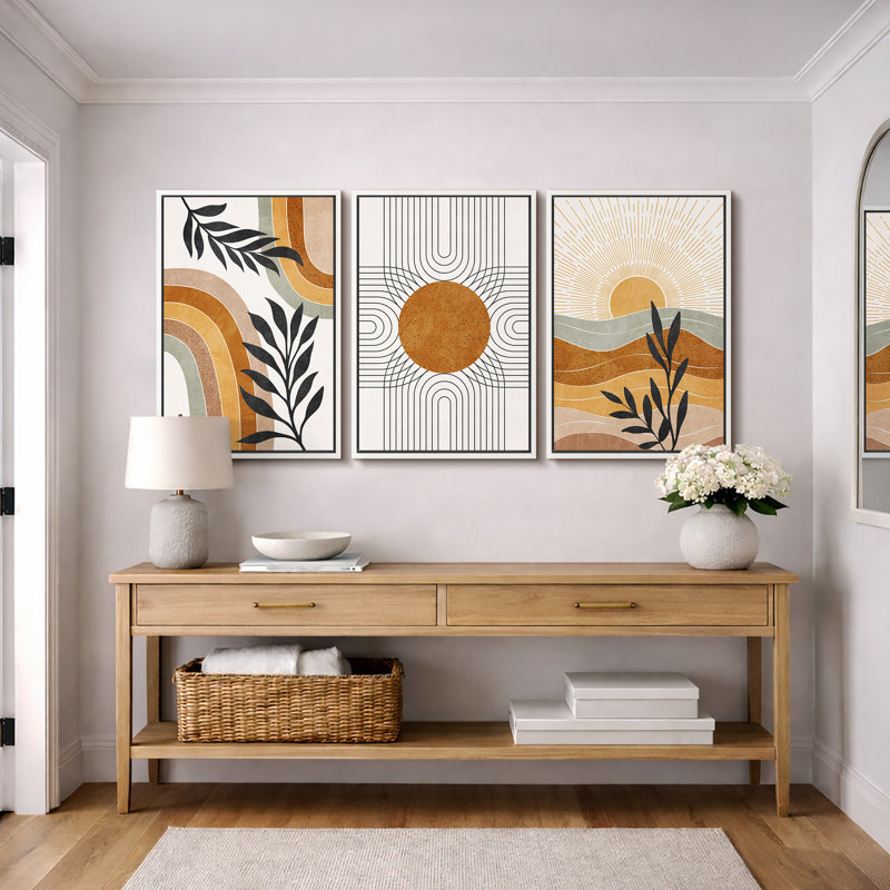 Mid Century Modern Boho "Western Orange Brown Sun Artwork, Abstract Vibrant Plant Pictures, Framed Canvas 3 Pieces Giclee Print Wall Art" 16"x24"x3 pcs, 24"x36"x3 pcs