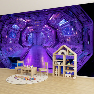Papier peint adhésif pelez et collez futuriste Spacecraft Cockpit Neon Lighting