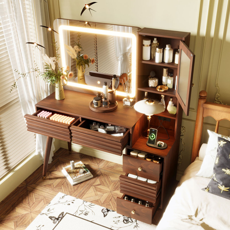Coiffeuse à 5 tiroirs avec miroir et lumières et prise de courant, Brun