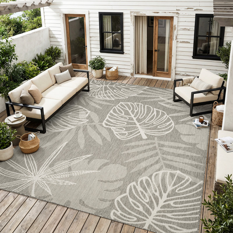 Tropical Leaf UV Resistant Woven Indoor Outdoor Rug Ivory/Gray, Rectangle 5' x 7', Ivory/Gray
