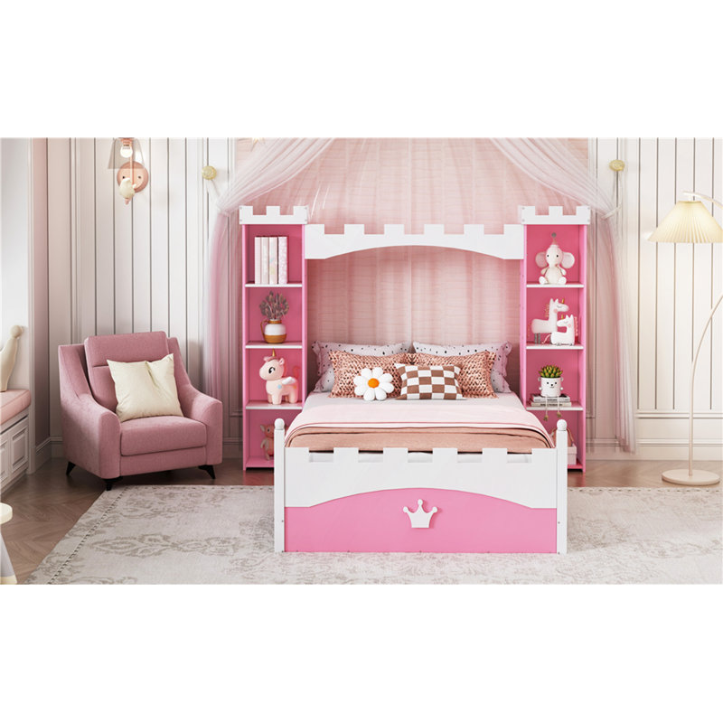 Lit en bois en forme de château avec tablette de rangement, lit plateforme Dreamy, Rose/Blanc