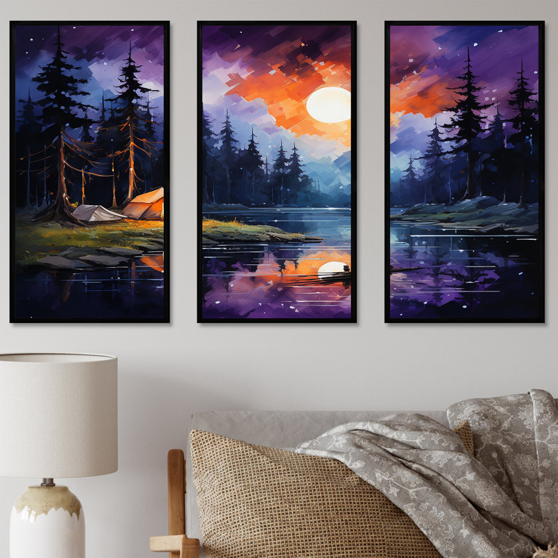 Northern Lights Camping Escape 2 - Art mural de voyage en camping, H 28 po x l 36 po x P 1 po, Cadre flottant noir