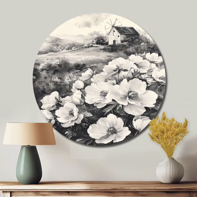«Pivoines monochromes à la ferme I», impression sur métal gris traditionnel, pivoines rondes, art mural en métal