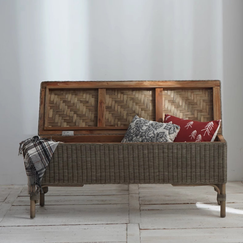 B&B Style Rattan Weaving Home Shoe Changing Stool Japanese-Style Real Rattan Bench Bedside Stool, Gray