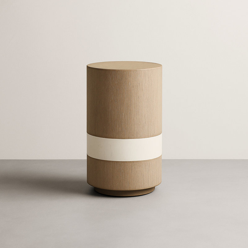 Spot Table Toffee With Drum - Inspired Shape Cream Marble Wrapped Middle Functional For Side Sculptural Cylindrical Design Band Ideal Bedside In Living Areas Bedrooms