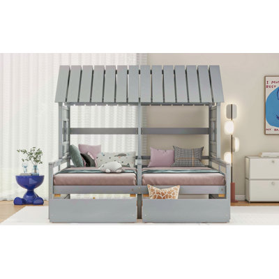 Twin Size House Platform Beds With Two Drawers For Boy And Girl Shared Beds, Combination Of 2 Side By Side Twin Size Beds