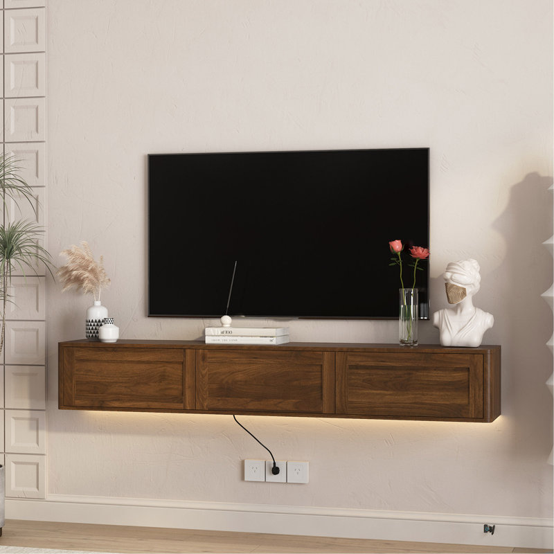 68.9" Wall Mounted TV For Tvs Up To 75'', Floating TV Stand With LED Lights & Power Outlet, Walnut