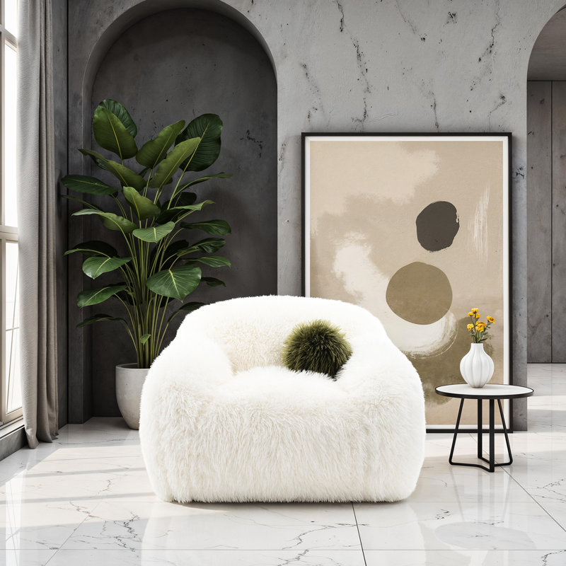Fauteuil pivotant contemporain en fausse fourrure blanche à 360° avec coussin, doux et luxueux, idéal pour le salon ou la pièce principale.