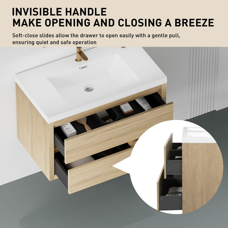 Floating Bathroom Storage Cabinet with Stone Resin Countertop, Oak Natural Wood