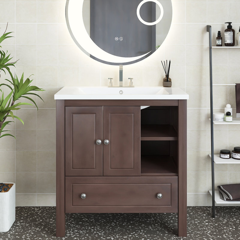 Meuble-lavabo simple 30 po avec plateau en céramique Cheris, Brun