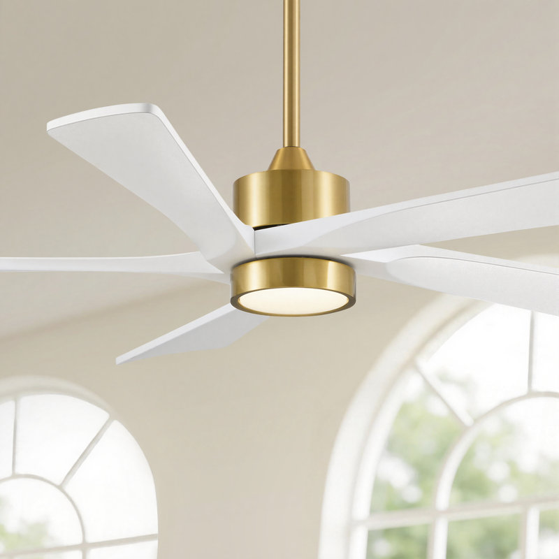 Ventilateur de plafond 5 lumières DEL transitionnel moderne en bois massif avec lumière à intensité variable et télécommande