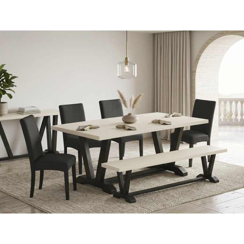 L'ensemble de table de cuisine 6 pièces comprend une table de salle à manger en lin blanc cassé, un banc en bois et 4 chaises de salle à manger en tissu de lin noir avec dossier haut - finition noire brossée