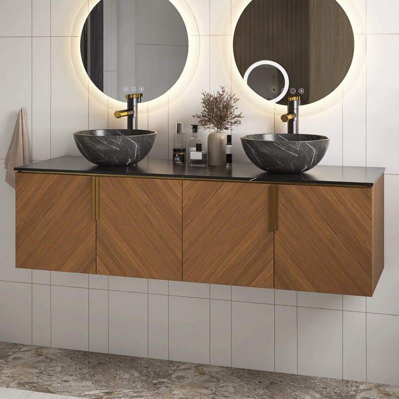 Ensemble de meuble-lavabo double 60 po avec comptoir 60 po, Oval, Noir