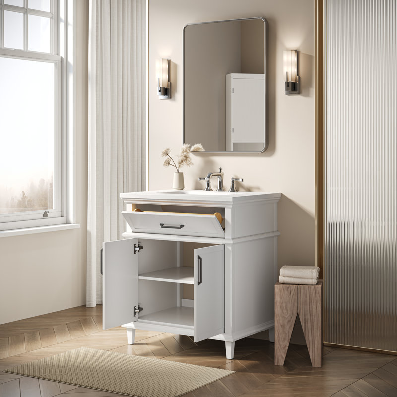 Velora 30 po Meuble-lavabo autoportant à simple cuve blanche avec plateau Everstone blanc assemblé