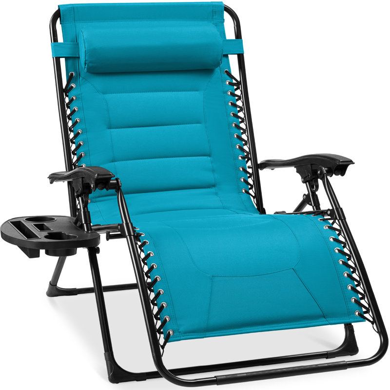  Oversized Padded Zero Gravity Chair, Folding Outdoor Patio Recliner W/ Side Tray - Aqua Blue, Aqua Blue