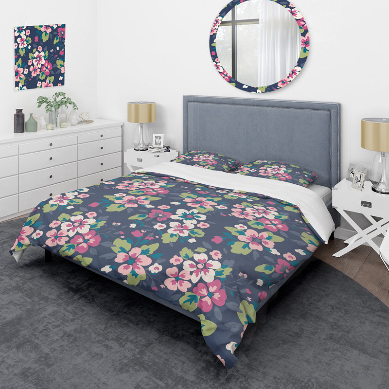 Ensemble de housse de couette rétro fleur et vert - Polyester en microfibre