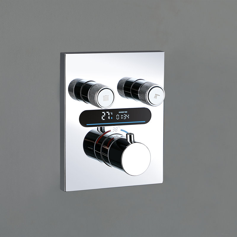 Ensemble de douche thermostatique à affichage double de température avec valve brute, Chrome poli