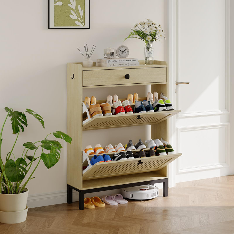 Range-chaussures à 2 portes avec tiroir, tablettes réglables et rangement pour chaussures dissimulé, Naturel