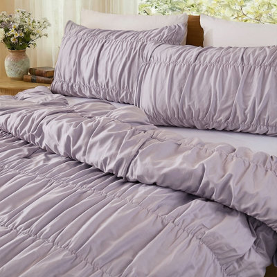 Purple Ruched Duvet Cover Queen,Pure Cotton Wrinkle Bedding Comforter Cover,Boho Queen Duvet Cover 100% Cotton,Lilac Bohemian Dorm Bedding Set for All Seasons