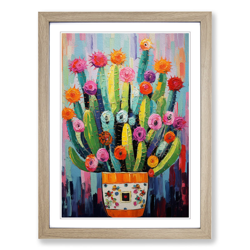 Cactus Expressionism - Single Picture Frame Print on Wood, 34cm H x 25cm W x 2cm D, Oak Framed