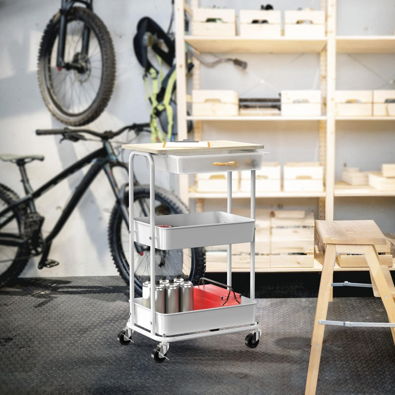 3‑Tier Utility Rolling Cart With Drawer and Wood Top, Mobile Wheeled Storage Trolley For Household Organization