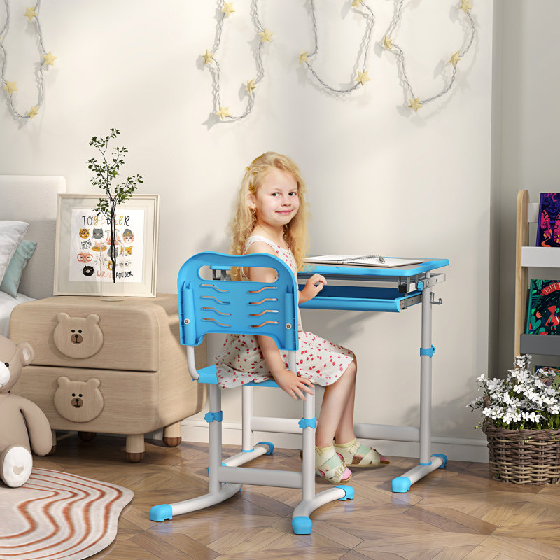 Wrought Studio™ Kids Desk And Chair Set, Height Adjustable Study Table And Chair Set With Drawer, Pen Slot, Tiltable Desktop, Hook
