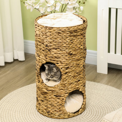 Lit surélevé pour chatons avec trois cachettes et quatre coussins moelleux - Tour à chat en matériaux naturels tissés, grottes multicouches pour chats, gain de place et pratique, tissé à la main pour un confort optimal