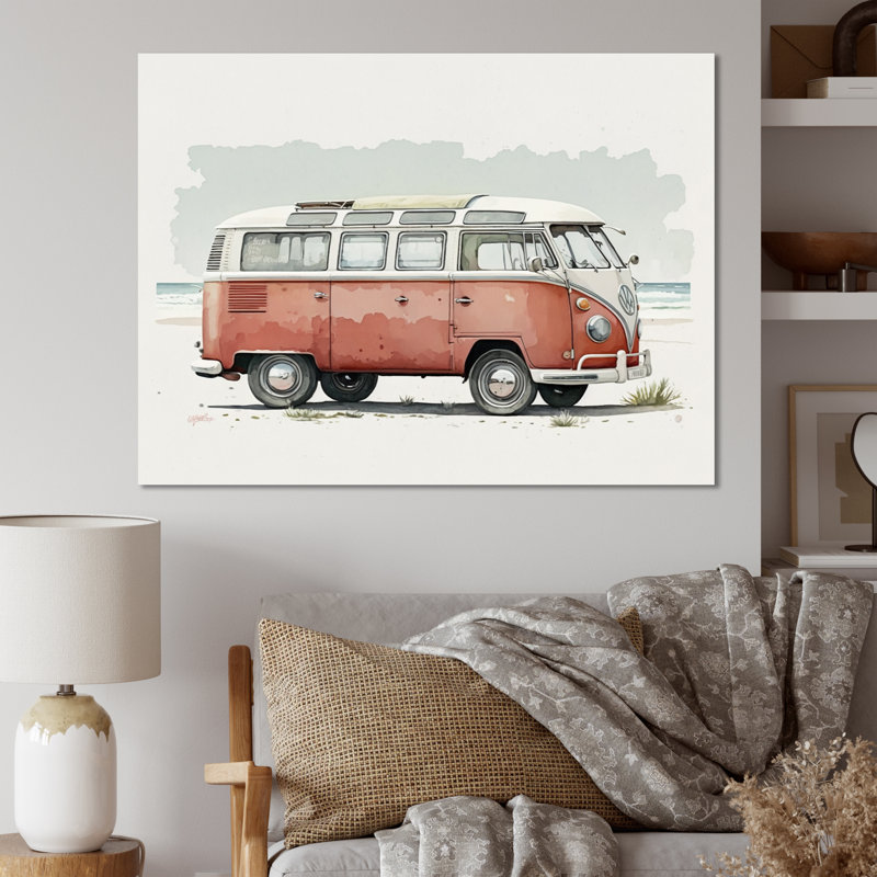 Van sur la plage - salon d'art mural de voiture rétro, L 44 po x H 34 po, Toile tendue