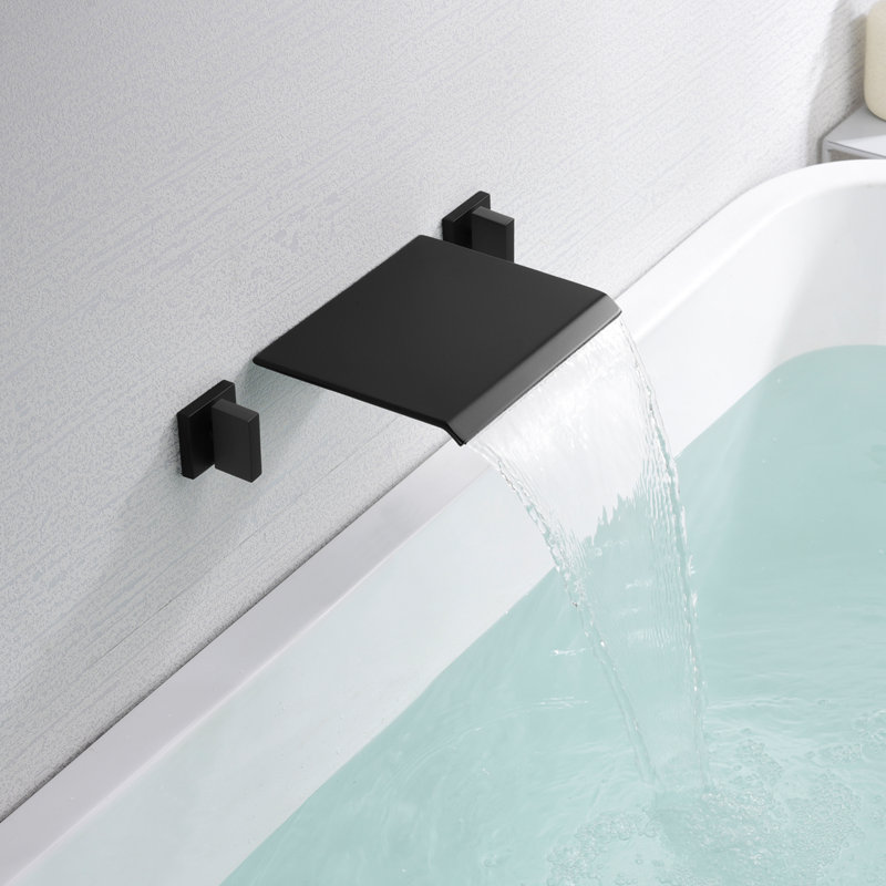 SUMERAIN Double Handles Wall Mounted Roman Tub Faucet, Waterfall Tub Filler with Brass Valve, Matte Black