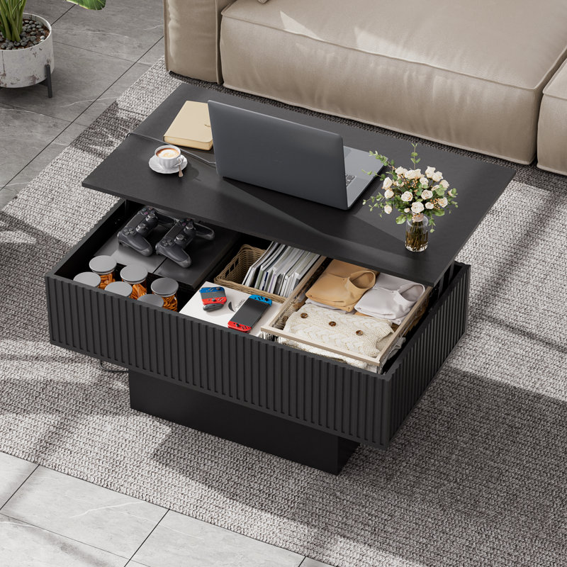 38.2" Lift Top Coffee Table With Storage And Led Lights, Modern Fluted Coffee Table For Living Room, Mid Century Rectangular Wooden Tea Table, Smart Lift Up Center Table For Apartment Or Office