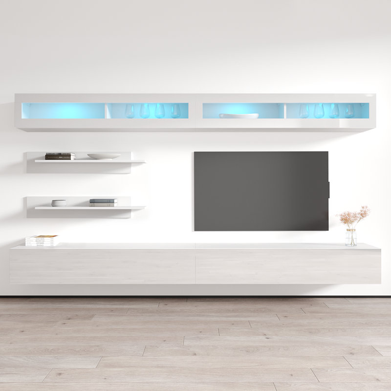 Waconia 126" Modern Floating Wall Mounted Entertainment Center with 16-Color LED Lighting, High Gloss Finish, White