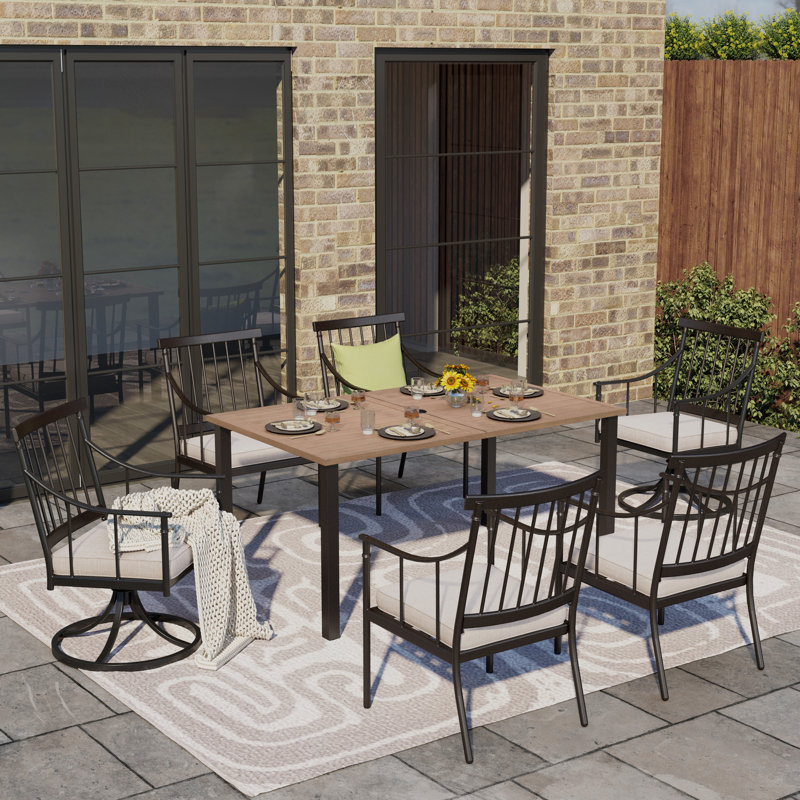 Ensemble repas pour 6 personnes avec table rectangulaire en métal, coussins inclus