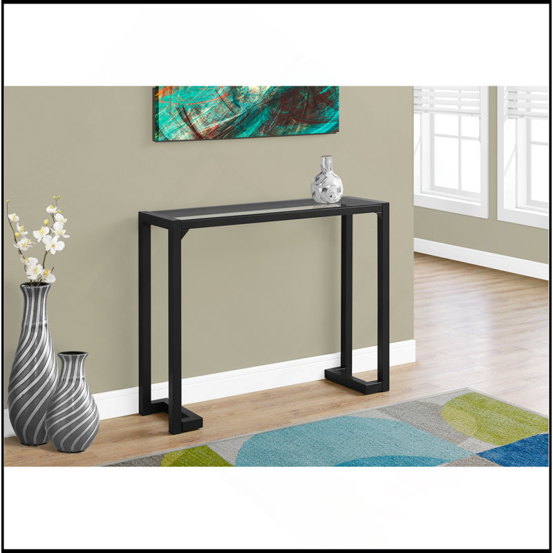 Table d'appoint, console, vestibule, étroit, canapé, salon, chambre à coucher, verre trempé transparent, métal noir, contemporain, moderne