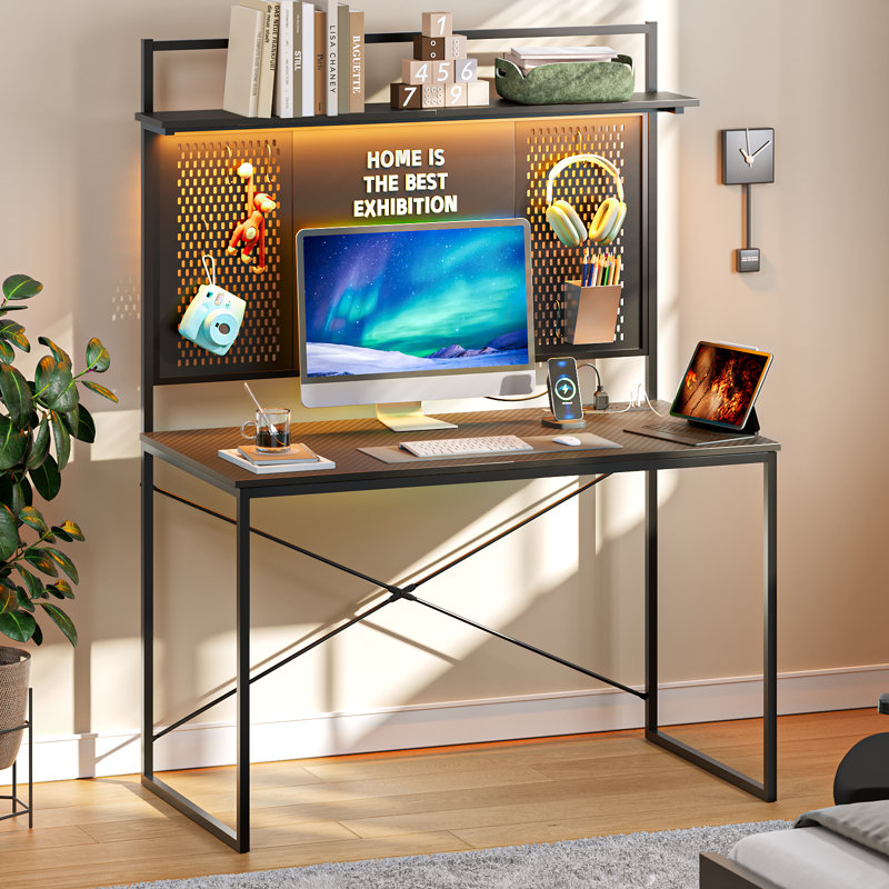 Nedyo 39''W LED Gaming Desk with Hutch and Pegboard, Computer Home Office desks with Power outlet and Shelf, Black