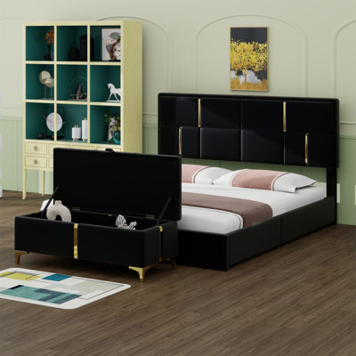 Ensemble de chambre à coucher 2 pièces, lit plateforme tapissier avec système de rangement hydraulique, repose-pieds de rangement avec pieds en métal